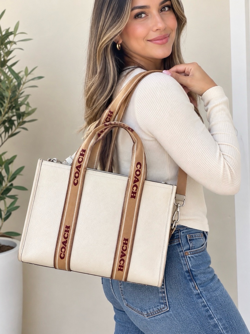 Coach Cream Tote with Tan Straps and Burgundy Logo